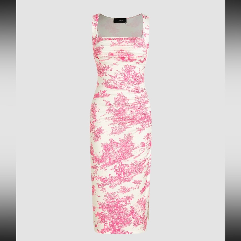 Cider Toile de Jouy Ruched Split Maxi Dress - Pink - Small (US size 4)